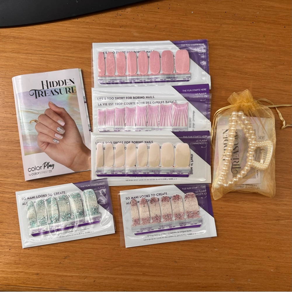 Color Street Hidden Treasure Nail Strips with Pearl Claw Hair Clip